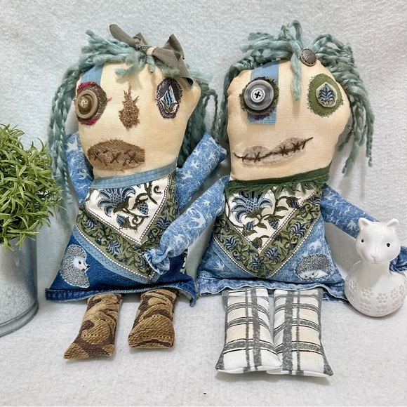 Scrappy Monster Doll Duo Western Twist Upcyled handmade embroidered Hedgehogs! - Picture 1 of 10